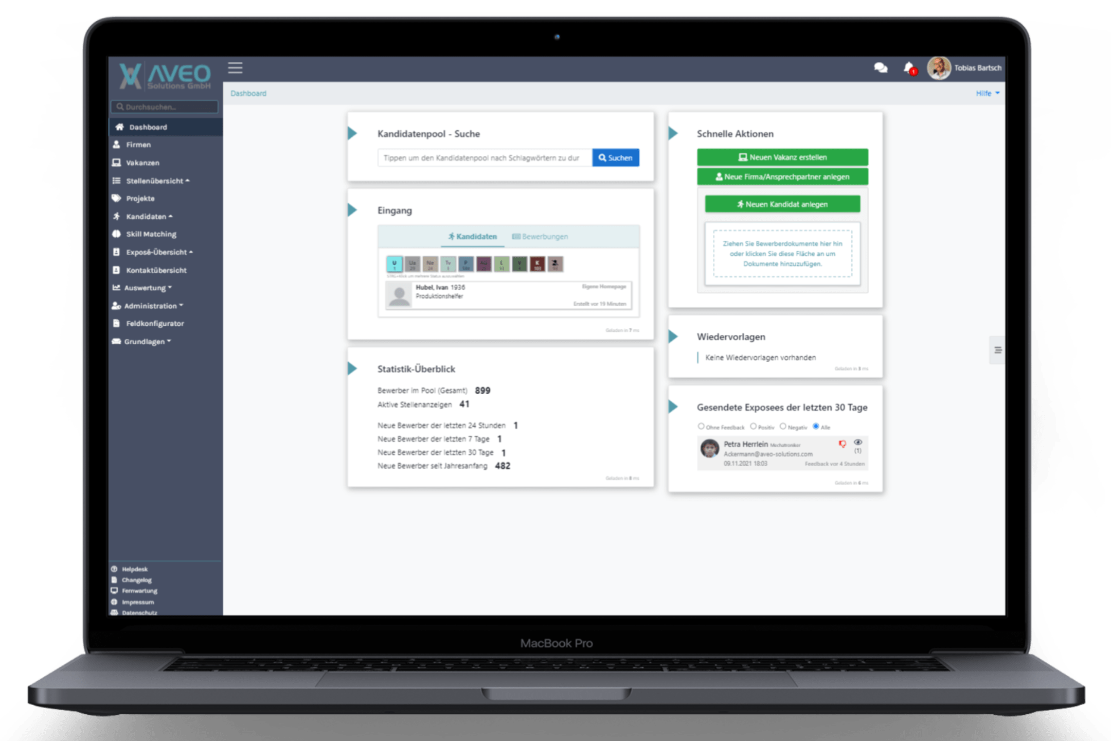 ARTEMIS Dashboard mit Kandidatenpool, Bewerbungseingang und Schnellaktionen